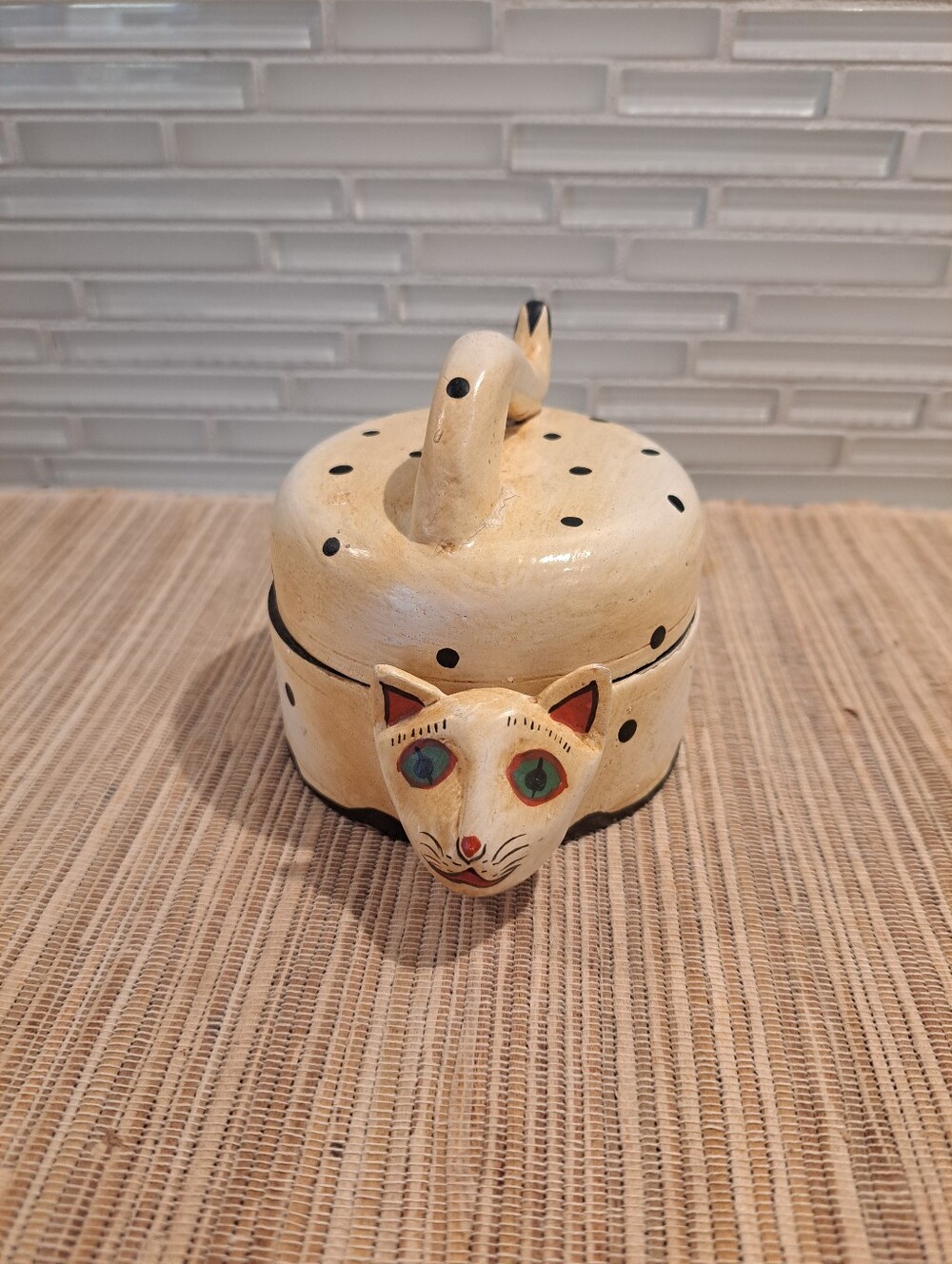 Vintage Handmade Indonesian Cat Wood Trinket Box Folk Art 5" Long